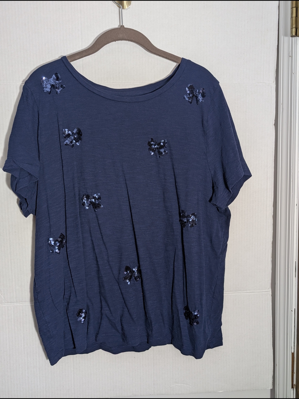 St. John's Bay Navy Short Sleeve Sequin Bow Tee - Women's XL - NWOT